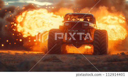 monster truck closeup on fire 112914401