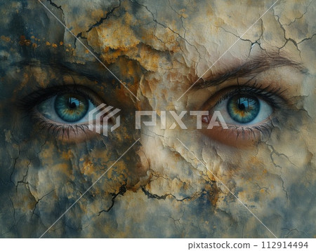 female eyes on a cracked portrait female eyes on a cracked portrait 112914494