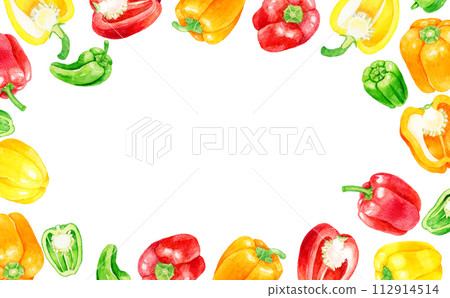 辣椒粉和青椒的彩色框架 蔬菜手繪水彩插圖背景材料 辣椒粉和青椒的彩色框架 蔬菜手繪水彩插圖背景材料 112914514