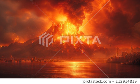 fiery volcano eruption landscape 112914819