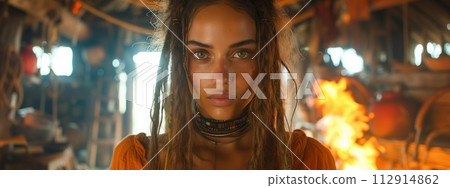 portrait of woman background of fire 112914862