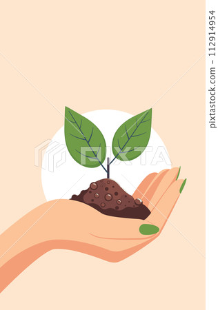 Female hand with sprout and soil Female hand with sprout and soil 112914954