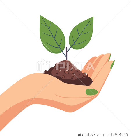 Female hand with sprout and soil Female hand with sprout and soil 112914955