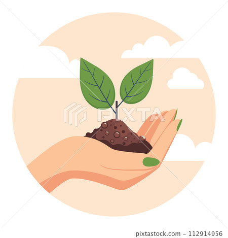 Female hand with sprout and soil Female hand with sprout and soil 112914956