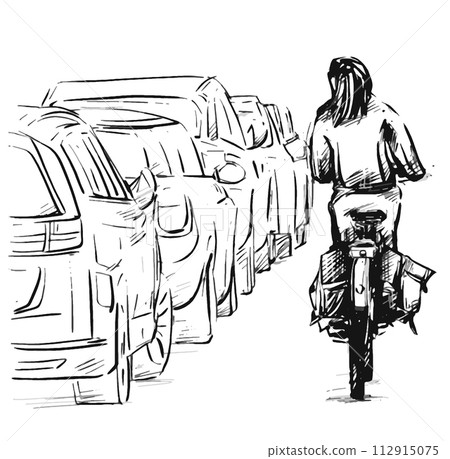 Drawing of Woman riding bike on city street 112915075