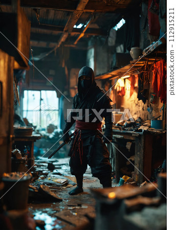A ninja standing in a messy hut 112915211