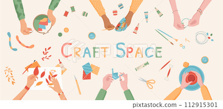Handmade DIY craft workshop activity background, colorful hands make art vector banner, creative origami craftwork top view illustration, handicraft pottery work hobby vector concept. 112915301