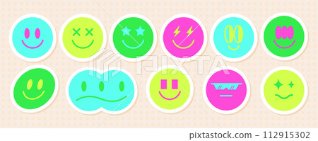 Retro abstract acid smile face sticker pack, futuristic psychedelic groovy emoji decoration graphic, vintage streetwear rave cute avatar symbol aesthetic, space trippy y2k emoticon icon set. 112915302