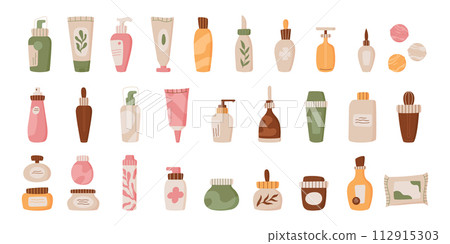 Flat isolated skin care cosmetic bottle set, eco antiaging beauty product tube, trendy minimal bodycare lotion jar, organic cleansing hygiene pack collection, abstract shapes vector illustration. Flat isolated skin care cosmetic bottle set, eco antiaging beauty product tube, trendy minimal bodycare lotion jar, organic cleansing hygiene pack collection, abstract shapes vector illustration. 112915303