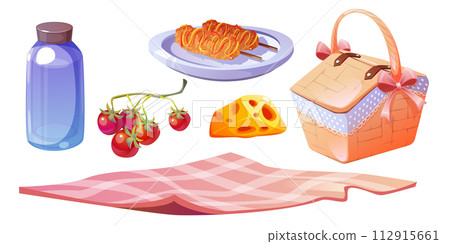 Cute picnic set with basket, food and blanket. 112915661