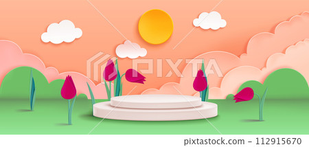 Product podium in paper cut landscape with tulips 112915670