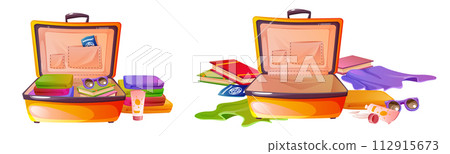 Open suitcase luggage for summer travel or journey Open suitcase luggage for summer travel or journey 112915673