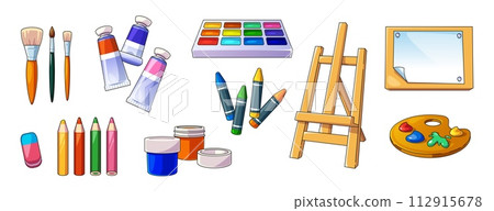 Art easel, paint brush and artist palette supplies 112915678
