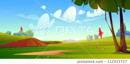 Golf field with green grass and flags 112915727