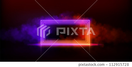 Neon light rectangle frame with smoke cloud. 112915728