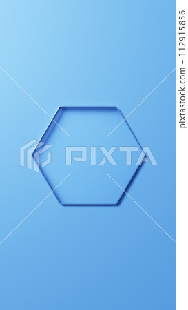 Transparent hexagonal glass pedestal on a blue background. Overhead view. 3D (vertical) Transparent hexagonal glass pedestal on a blue background. Overhead view. 3D (vertical) 112915856