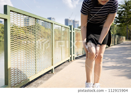 Middle aged woman suffer from kneecap ache,leg pain,sprain, twist the ligament of knee,Torn Meniscus,Knee Bursitis,muscle inflammation problem,bone joint injury,injuries from exercise,workout outdoor 112915904