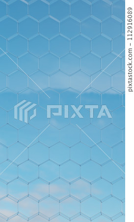 幾何背景材質內襯六邊形。藍天。 3D(垂直) 幾何背景材質內襯六邊形。藍天。 3D(垂直) 112916089