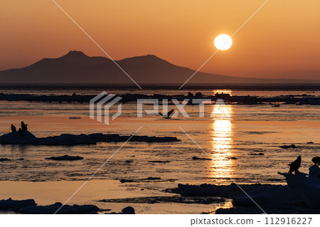 Sunrise and drift ice from Kunashir Island 112916227
