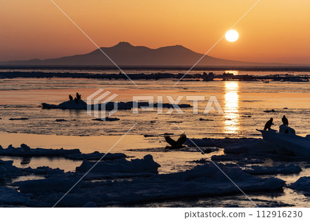 Sunrise and drift ice from Kunashir Island 112916230