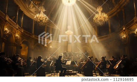 Symphony Orchestra Performing in Grand Concert Hall. Musicians with String Instruments. Elegant Cultural Event Atmosphere. AI 112916695