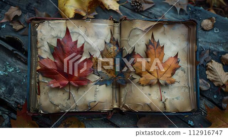 Autumn leaves resting on open vintage book, fall colors and nostalgia. seasonal natural background for relaxation and reflection. cozy, artistic scene. AI Autumn leaves resting on open vintage book, fall colors and nostalgia. seasonal natural background for relaxation and reflection. cozy, artistic scene. AI 112916747