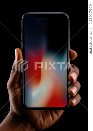Mockup of the smartphone screen in the hand of a black man on a black background Mockup of the smartphone screen in the hand of a black man on a black background 112917009