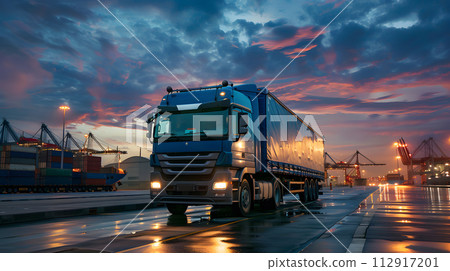 Truck trailer on the pier in the cargo port terminal with cranes and containers. AI Generated 112917201