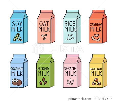 Vegan milk set. Almond, soybean, rice, hazelnut, coconut, cashew, sesame, oat. Box Carton packaging, various with plant milk and nuts. Collection of vector flat illustration. Vegan milk set. Almond, soybean, rice, hazelnut, coconut, cashew, sesame, oat. Box Carton packaging, various with plant milk and nuts. Collection of vector flat illustration. 112917328