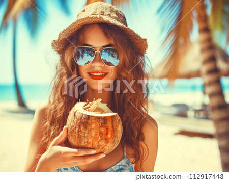 AI-generated content. A woman holding a coconut on the beach 112917448