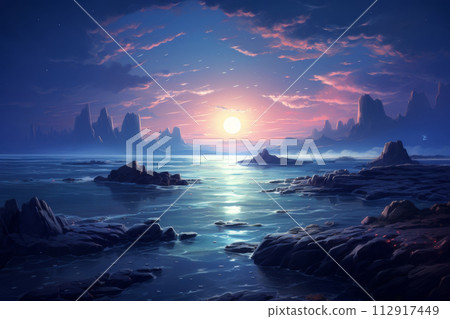 AI-generated content. Coastal landscape art: A rocky beach with crashing waves 112917449