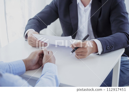 Business people job interview by HR officer shaking hands in office smiling face with happiness. Manager Businesswoman interview employee face to face sitting in meeting room. Job Interview Concept. Business people job interview by HR officer shaking hands in office smiling face with happiness. Manager Businesswoman interview employee face to face sitting in meeting room. Job Interview Concept. 112917451