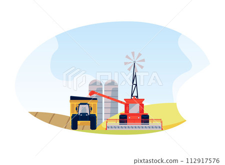 Harvesting using a tractor and combine. Vector stickers. Harvesting using a tractor and combine. Vector stickers. 112917576