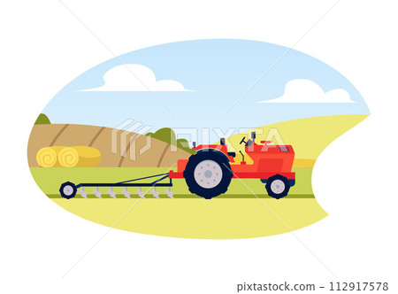 Agriculture and farming, vector cartoon red tractor with plow on rural landscape, farm machinery on field in frame Agriculture and farming, vector cartoon red tractor with plow on rural landscape, farm machinery on field in frame 112917578