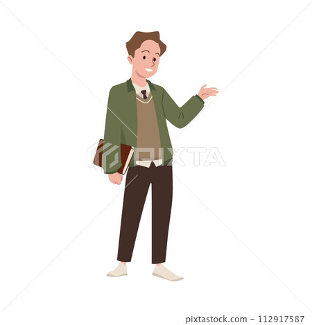 High school boy with book shows with hand, vector cartoon teenager wearing school uniform, cute happy college student High school boy with book shows with hand, vector cartoon teenager wearing school uniform, cute happy college student 112917587