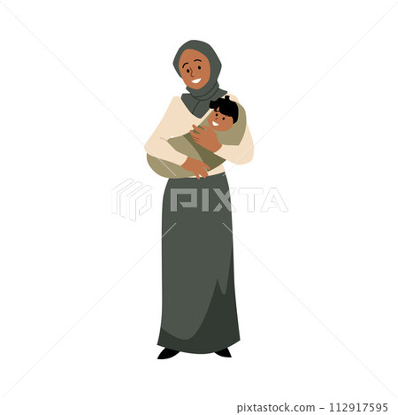 Vector icon young mother in a hijab, with a serene expression, holding a baby in her arms 112917595