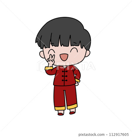A cartoon boy in a red outfit is smiling and making peace signs 112917605