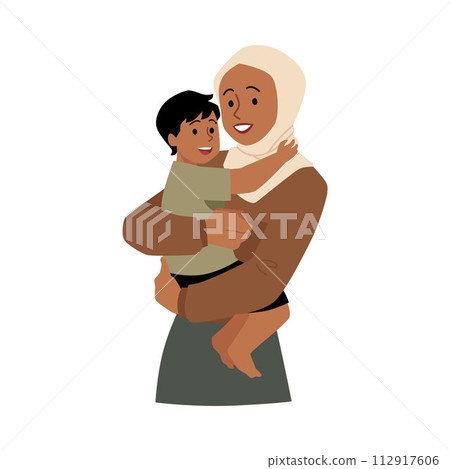 Muslim mother holding a baby son in arms, woman in hijab carrying little boy, vector Islamic parent love, Arabic family 112917606