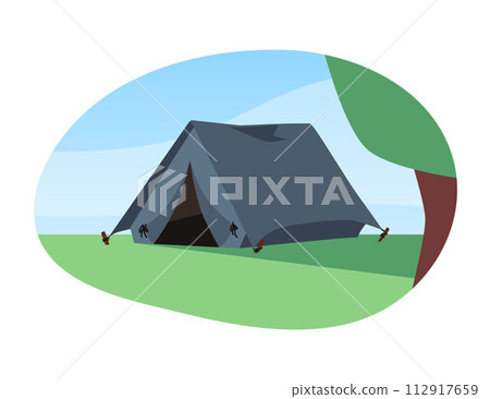 Outdoor recreation with tent on meadow vector illustration. 112917659