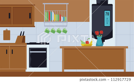 Gas boiler, electronic water heater on the wall in kitchen, vector house electric heating cold aqua equipment black tank Gas boiler, electronic water heater on the wall in kitchen, vector house electric heating cold aqua equipment black tank 112917729