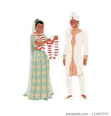 Happy bride in beautiful dress puts garland on groom flat style Happy bride in beautiful dress puts garland on groom flat style 112917733