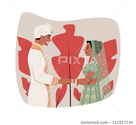 Happy bride and groom holding hands flat style, vector illustration 112917734