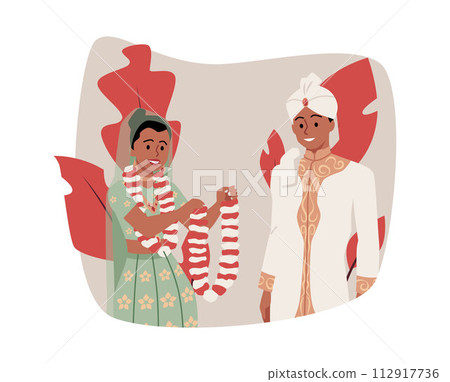 Happy bride puts garland on groom flat style, vector illustration 112917736