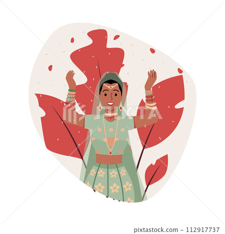 Happy Indian bride hands up and standing under falling flower petals and confetti 112917737