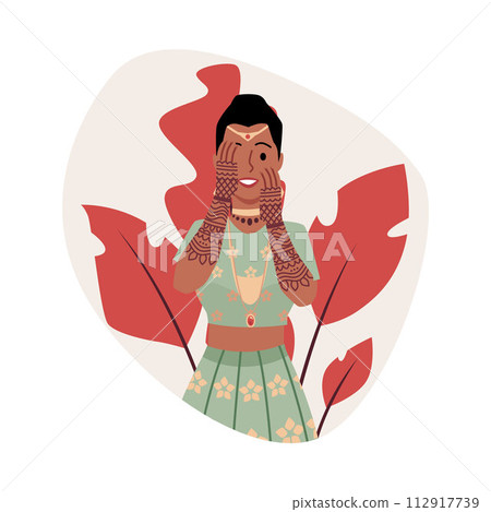 Smiling Indian bride covers face with hands flat style, vector illustration 112917739
