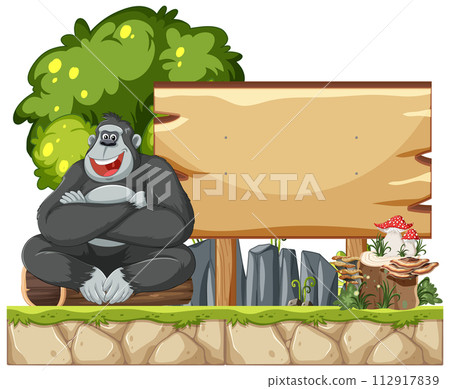 Happy Gorilla with Blank Wooden Sign Happy Gorilla with Blank Wooden Sign 112917839