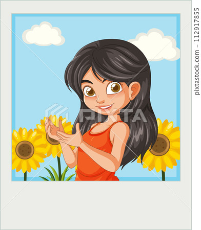 Cheerful Girl with Sunny Sunflowers 112917855