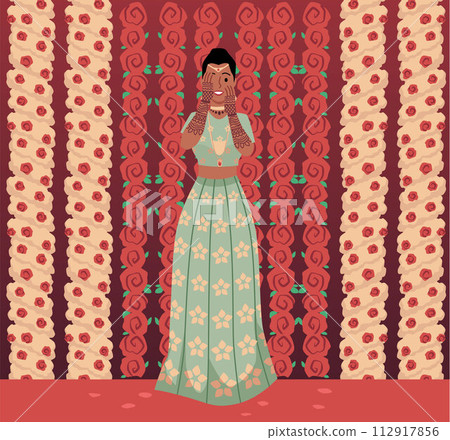 Beautiful happy Indian bride in traditional Indian wedding outfits jewelry hands up, marriage engagement vector portrait Beautiful happy Indian bride in traditional Indian wedding outfits jewelry hands up, marriage engagement vector portrait 112917856