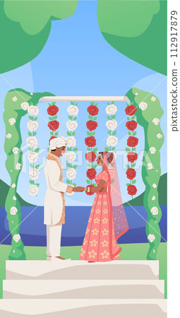 Traditional Indian couple, summer wedding. Flyer with text space. 112917879