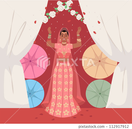 Beautiful Indian happy bride in traditional Indian wedding outfits and jewelry greets with hands up, marriage vector Beautiful Indian happy bride in traditional Indian wedding outfits and jewelry greets with hands up, marriage vector 112917912